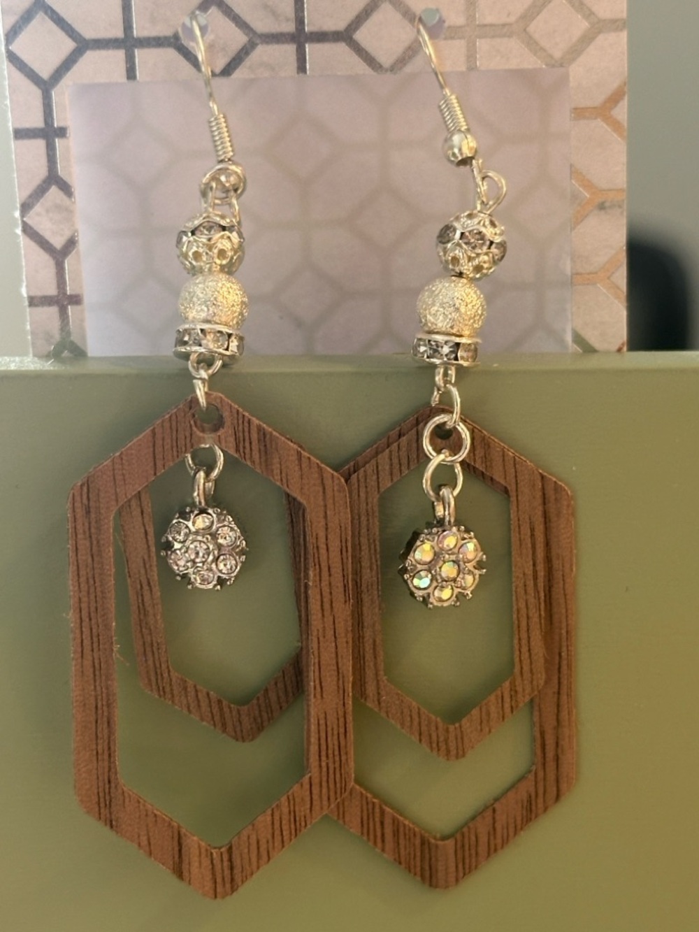 Wood Hex Drop Earrings with Rhinestone Accents - Brown